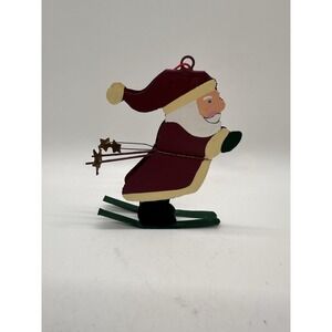 Vintage Wooden Santa Skier Folk Art Ornament Primitive Hand Painted Decor